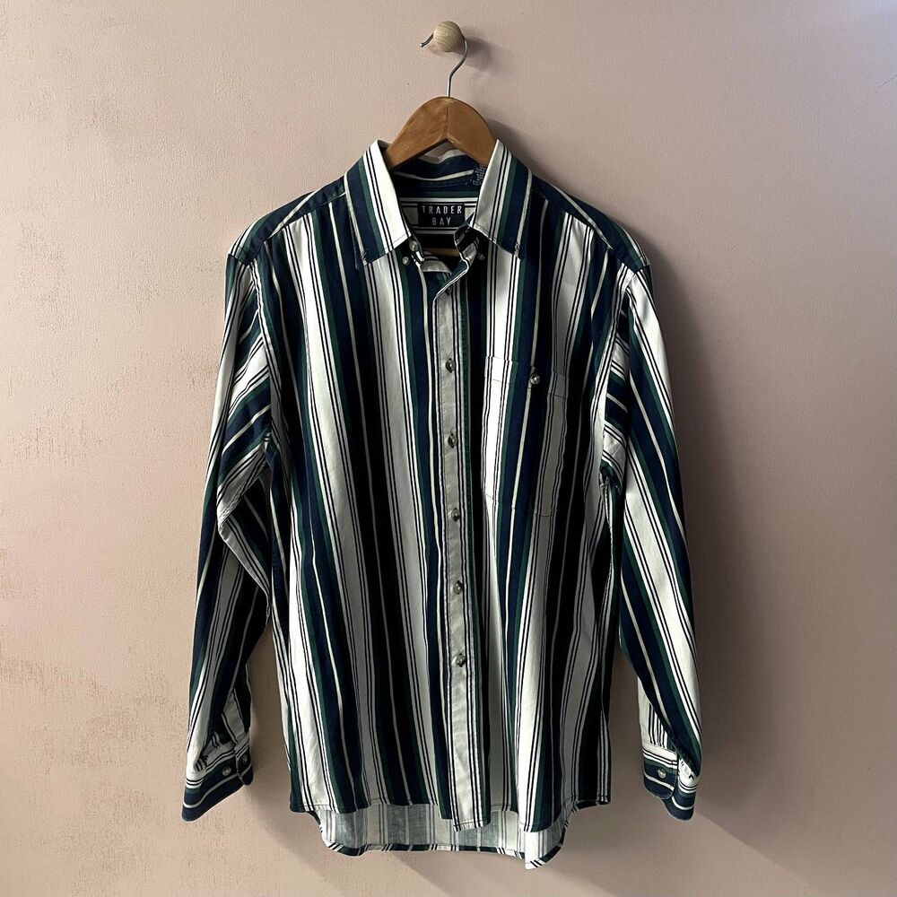 Vintage Men's Trader Bay Hunter Green|White|Navy Striped Buttoned Shirt Sz M EUC